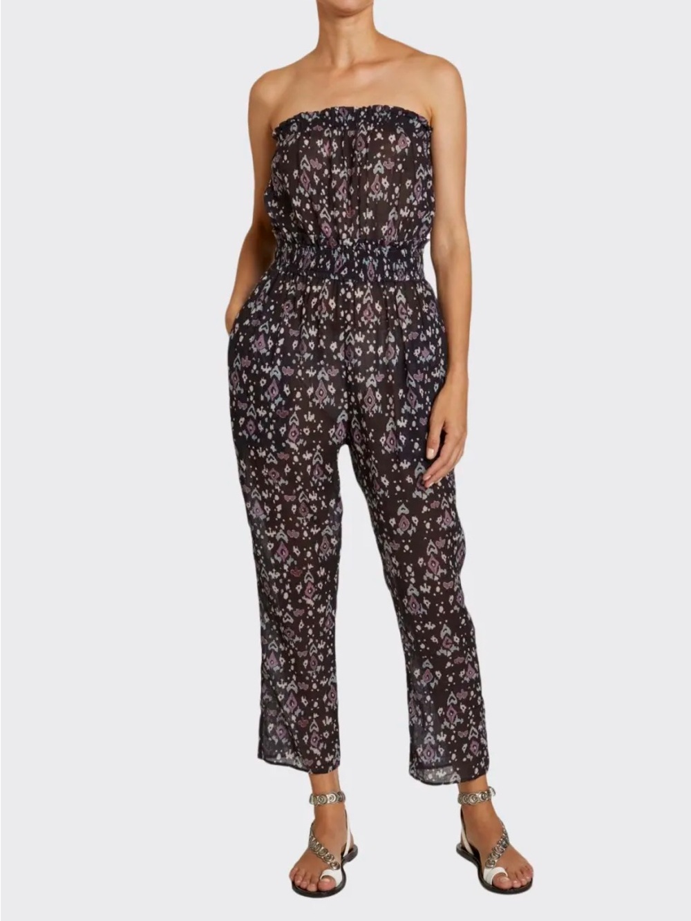 NWT Isabel Marant Timea Floral-Print Strapless Smocked Jumpsuit Black Size 6